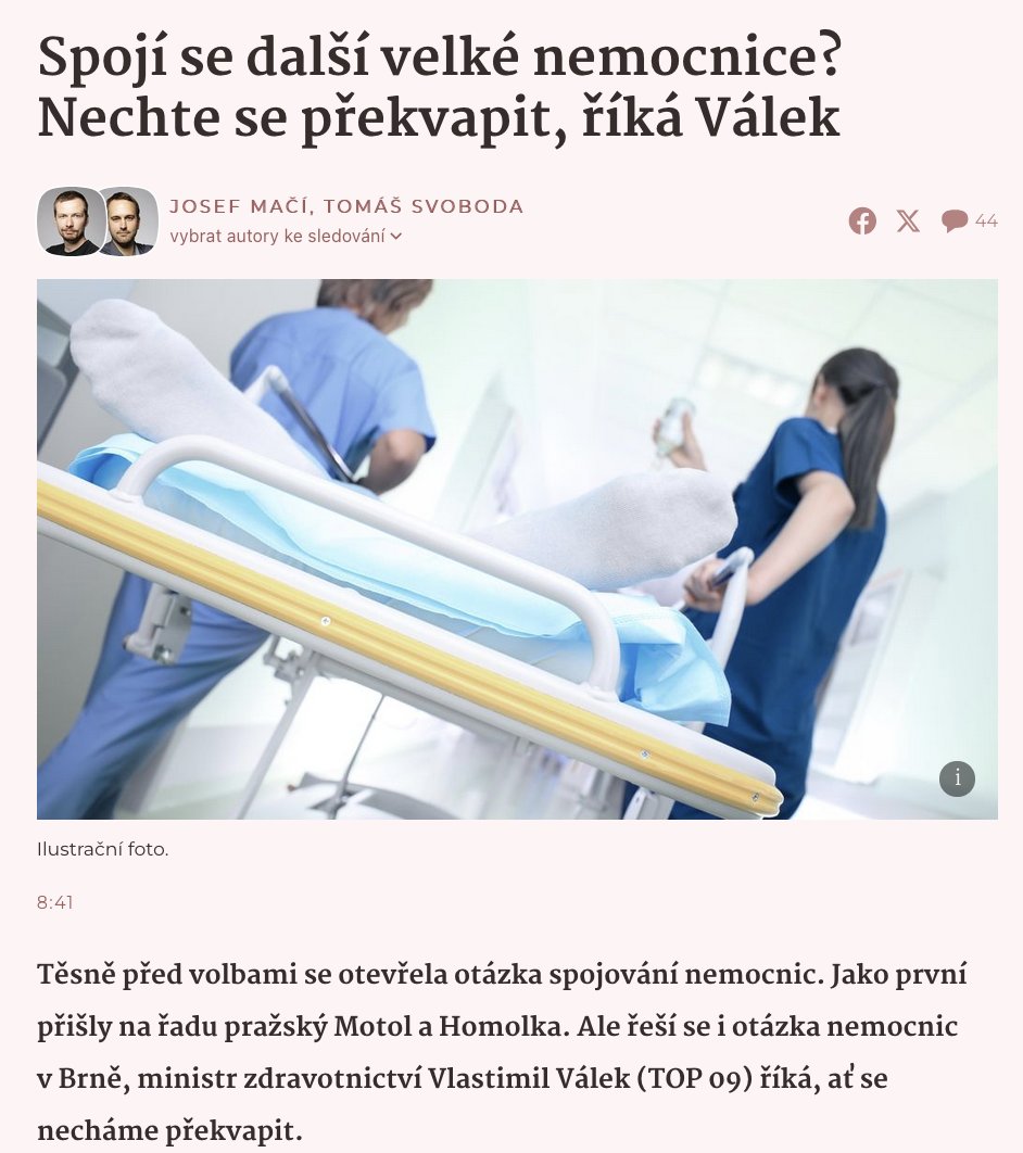 Roky nedělá <a href="/vlvalek/">Vlastimil Válek</a> vůbec nic, aby krátce před volbami začal jako důležitě řešit slučování nemocnic v Praze a Brně. A to vše, jako obvykle bez jakýchkoliv dat a analýz. Má to marné. Všichni víme, že je to jen mlha, která má schovat vyvádění peněz z IKEMu jeho kamarádem Fialou.