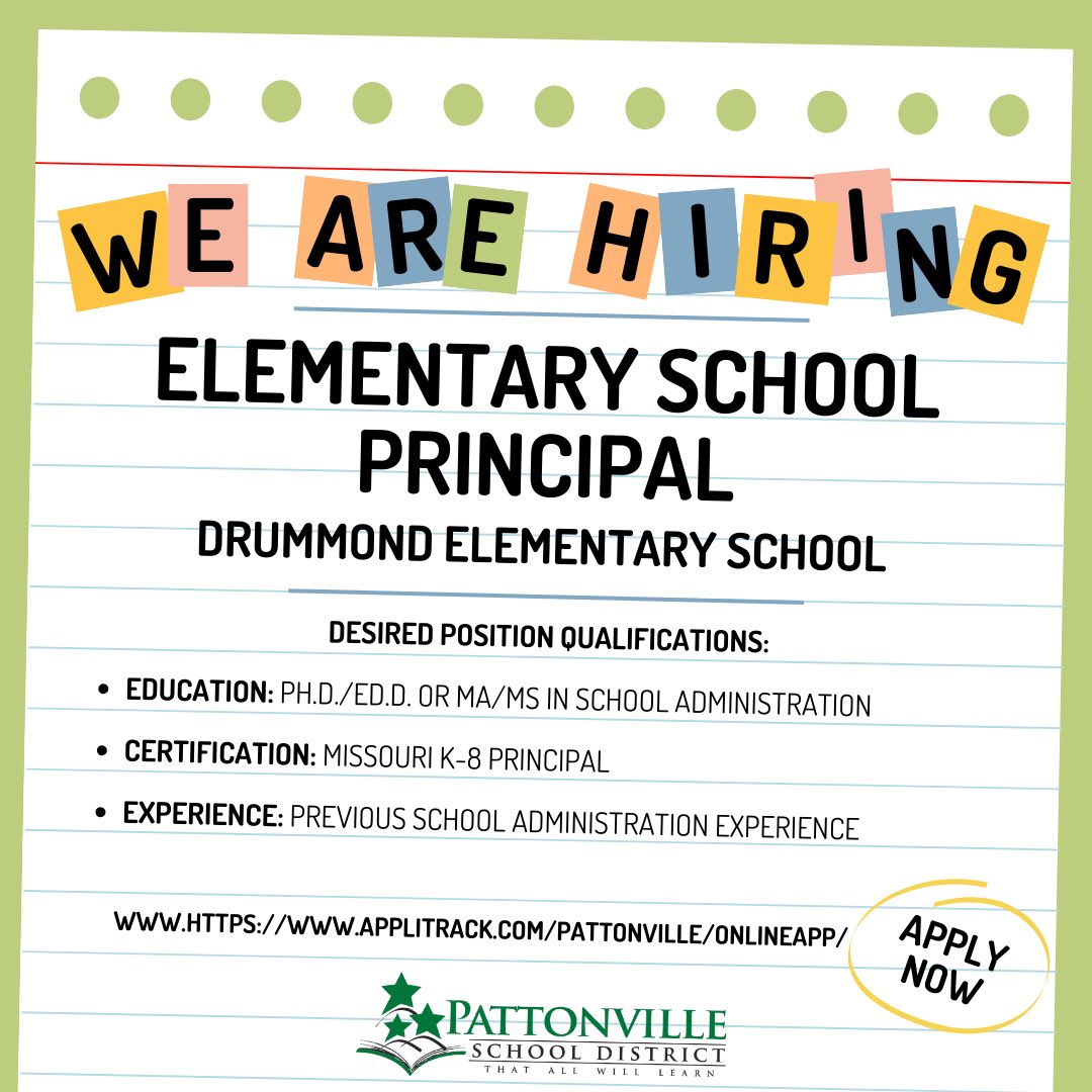 Pattonville is seeking an Elementary Principal to lead Drummond Elementary starting in the 2026–2027 school year. We’re looking for a great leader to join our #Villemade team and make a difference for students, staff, and the community.

📌 Apply now: tinyurl.com/4vjzsmky
