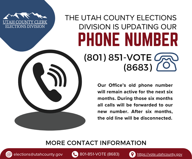 Utah County Elections is changing our phone number! Our new number is (801) 851-VOTE (8683). 

Our number will remain active for the next six months. During those six months all calls will be forwarded to our new number. After six months, the old line will be disconnected.