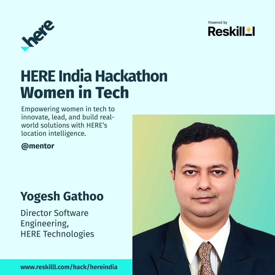 Reskilll (@reskilll) on Twitter photo π Excited to welcome Yogesh Gathoo, Director of Software Engineering, <a href="/here/">HERE Technologies</a> as a Mentor at the HERE India Hackathon: Women in Tech!
π Prizes worth βΉ3.2 Lakhs
π Register by 30 Sep
π Apply now: reskilll.com/hack/hereindia
#HEREHackathon #WomenInTech π Excited to welcome Yogesh Gathoo, Director of Software Engineering, <a href="/here/">HERE Technologies</a> as a Mentor at the HERE India Hackathon: Women in Tech!
π Prizes worth βΉ3.2 Lakhs
π Register by 30 Sep
π Apply now: reskilll.com/hack/hereindia
#HEREHackathon #WomenInTech