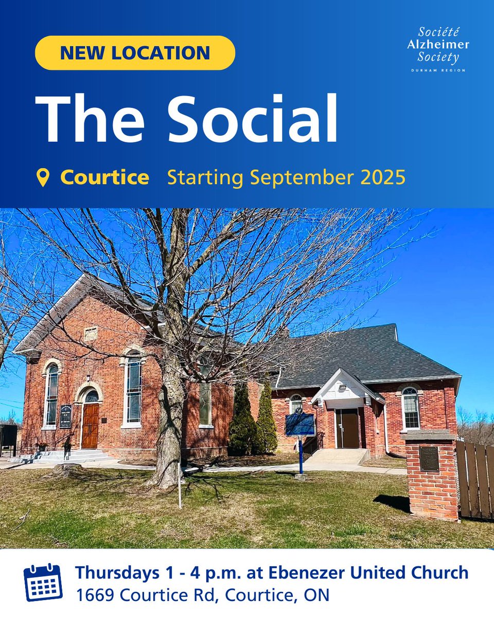 We’re excited to bring The Social to #Courtice this month - a welcoming space for individuals living with early to mid-stage dementia to connect, engage, and participate in meaningful activities.

To register, contact us at 905-576-2567 or email intake@alzheimerdurham.com.
