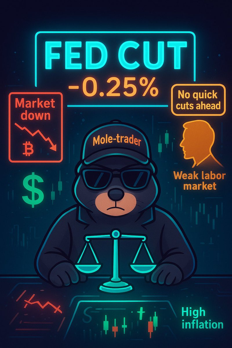MrCrypto_Mole's tweet image. Fed cut rates by 0.25%, but market’s down! 📉💡 Why? Powell hinted no quick cuts ahead—less than bullish. High inflation limits bold moves. Key driver: weak labor market, that’s the cut reason. Analyze, prepare! Your take? Share! #FedRate #MarketAnalysis #Crypto