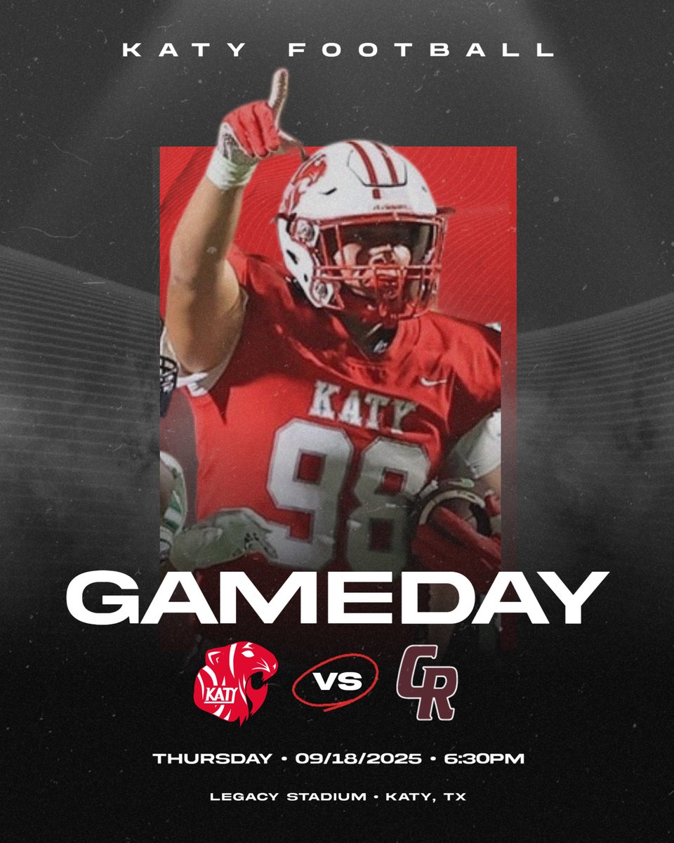 Tonight. Time to work.

Katy Tigers vs Cinco Ranch
📆: Thursday, September 18th
⏰: 6:30 PM
🏟️: Legacy Stadium

Show up, wear red, be loud!

#RestoreTheRoar