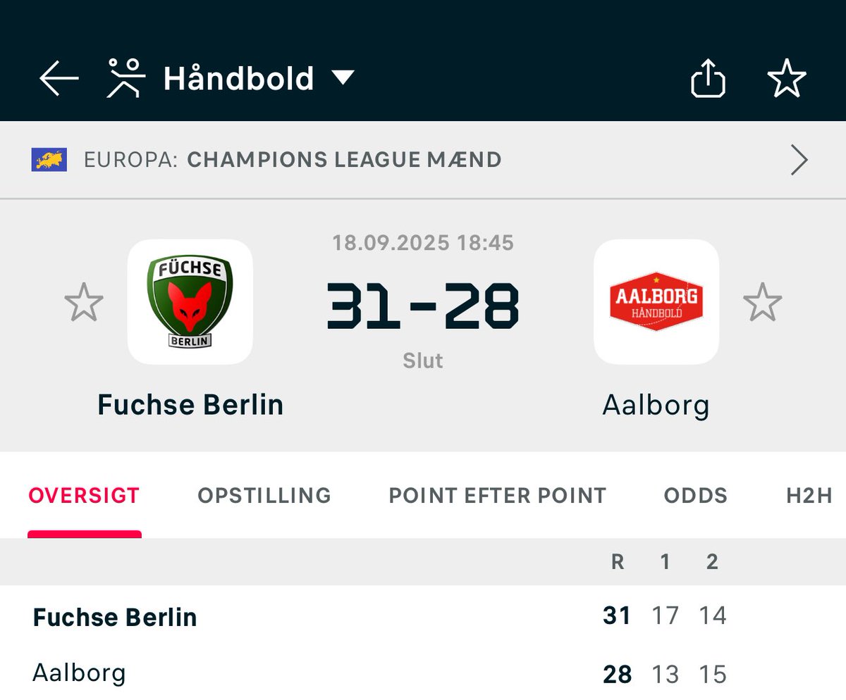 Aalborg taber fortjent, og på mange måder også forventeligt, i Berlin til Füchse..
 
Ikke ret meget fungerede for Nordjyderne i dag, der dog fik gjort nederlaget hæderligt, ved at gå over i den udskældte 7 mod 6..

Den vil træner Simon Dahl nok ærgre sig over, ikke kom i spil
