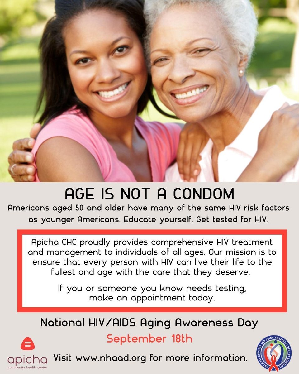 On National HIV/AIDS and Aging Awareness Day, we encourage older adults to get tested for HIV and live healthy lives.   

#NationalHIVAIDSAgingAwarenessDay #HIVCare #HIVManagement #AgingWithHIV #ThrivingWithHIV #ApichaCHC #CommunityHealth