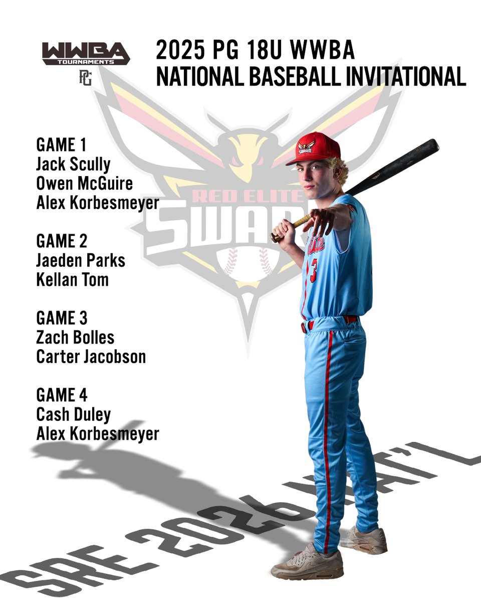 SRE 2026 is locked in for the 2025 PG 18U WWBA Nat'l Baseball Invitational!
1 – <a href="/Jack_Scully5/">Jack Scully</a> / <a href="/OwenMcGuire_/">Owen McGuire</a> / <a href="/Alex_AK47_korbs/">Alex Korbesmeyer</a>
2 – <a href="/JaedenParks13/">Jaeden Parks</a> / Kellan Tom
3 – Zach Bolles / <a href="/Carterjacobso20/">Carter jacobson</a>
4 – @Cash_duley / <a href="/Alex_AK47_korbs/">Alex Korbesmeyer</a>
#SwarmBaseball #RedElite #WWBA #PitchingRotation
