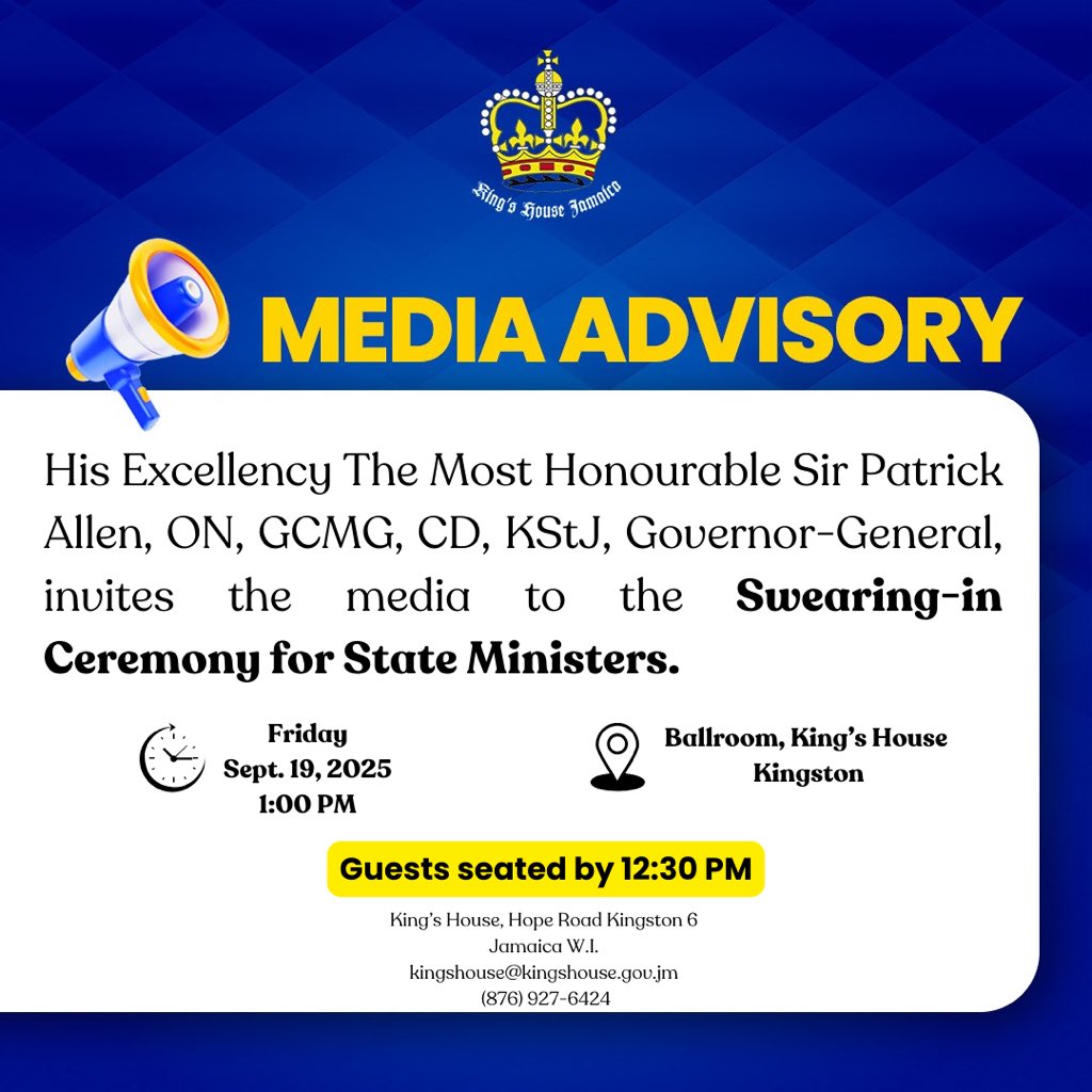 GGSirPAllen's tweet image. Dear Media Partners,

His Excellency The Governor-General kindly requests your coverage for the Swearing-in Ceremony for State Ministers.

The ceremony will be held on Friday, September 19, 2025, at 1:00 PM at King’s House.

Your support in covering this event would be greatly…