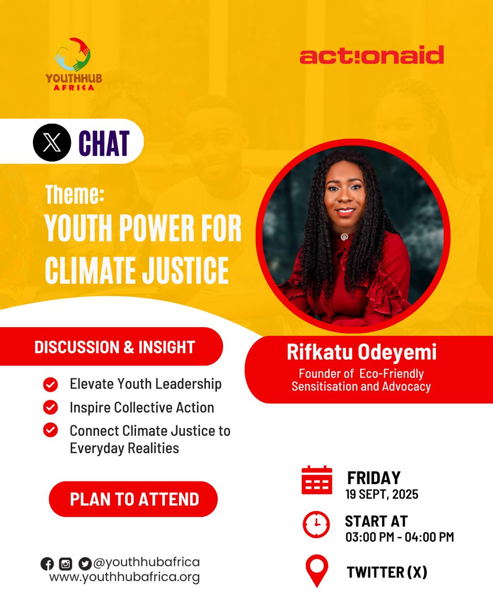 Young people are not the future; we are the NOW.
We are leading climate solutions, and your voice matters more than ever!

Don’t just watch change happen, be part of it!
Join <a href="/youthhubafrica/">youthhubafrica</a> for a powerful Twitter Chat:
 Theme: Youth Power for Climate Justice

🗓 Friday, 19th