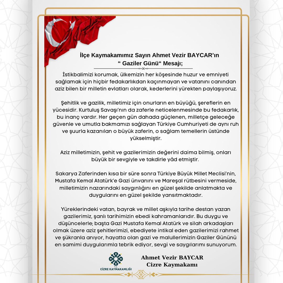 Kaymakamımız Sayın Ahmet Vezir BAYCAR’ın 19 Eylül Gaziler günü mesajı;