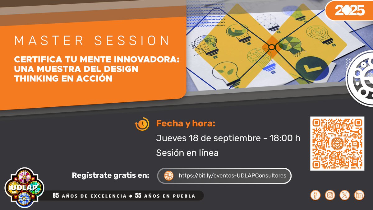 ¡Te esperamos el día de hoy en nuestra MS!
Activa tu creatividad y convierte las ideas en soluciones reales con Design Thinking. ¡Es momento de certificar tu mente innovadora! 🚀
🗓 Jueves 18 de septiembre
🕕 18:00 h
✅ Registro gratuito aquí👉 elige.udlap.mx/InscripcionEdu…
🎓 <a href="/udlap/">UDLAP</a>