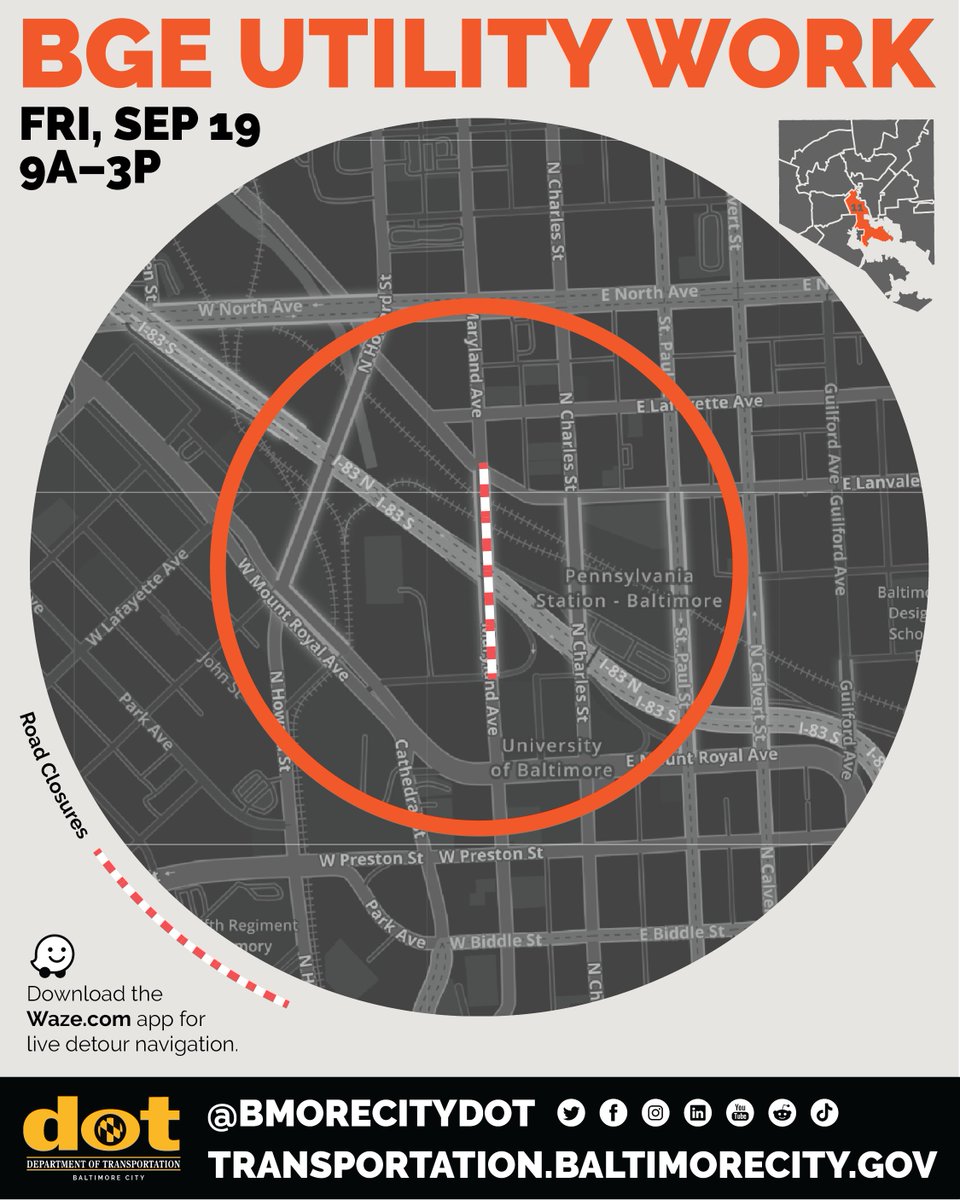 TRAFFIC ALERT: 

Maryland Avenue between Falls Road and Oliver Street will be fully closed on Friday, 9/19 from 9 A.M. to 3 P.M. as part of the BGE Downtown Pipeline Project 🚧
 
📅 Date/Time: Friday 9/19 from 9 A.M. to 3 P.M.