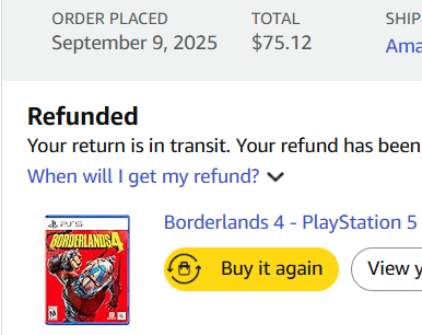 FludShine's tweet photo. @JaneDoe95881326 @Borderlands @GearboxOfficial @2K Well here is part one of my proof of actually returning it. Also look up reviews on reddit, people have the same issue. Their is proof out there of the frame drops  rapidly. Motion blur, lack of FOV and FPS drops equates to that dude. Sorry that's just a fact... https://t.co/3SG9lkoNvP