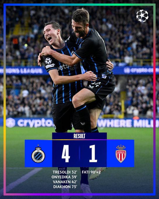 Two soccer players in black and blue striped jerseys hugging on a field, celebrating. A stadium crowd is visible in the background. Text overlays show "Club Brugge" logo, "4" score, "1" score, "RESULT," and names Tresor, Fati, Onyedika, Vanaken, and Diakite with time markers.
