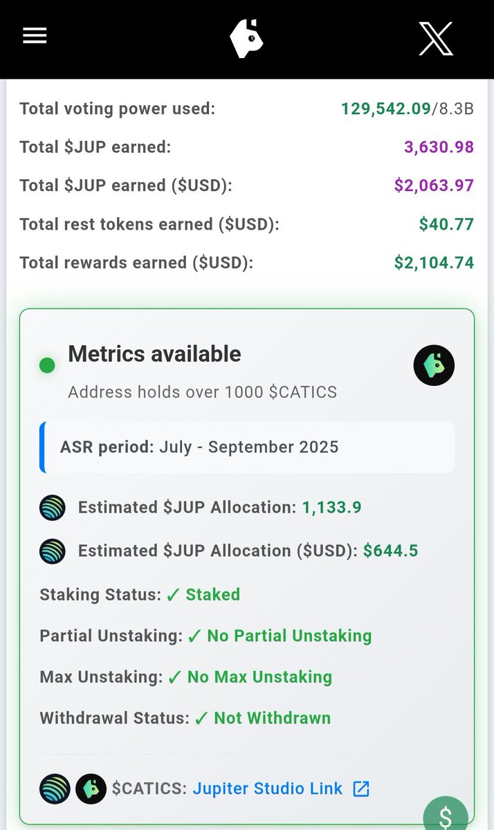 In October, we're going to eat well again with our staking $JUP:
ASR + <a href="/MeteoraAG/">Meteora</a> airdrop 🧑‍🍳

If you want to check your future rewards, you have the link in Fabiano's tweet below.
- (Your wallet must also hold at least 1000 $CATICS to have access to all the data.
I bought them to