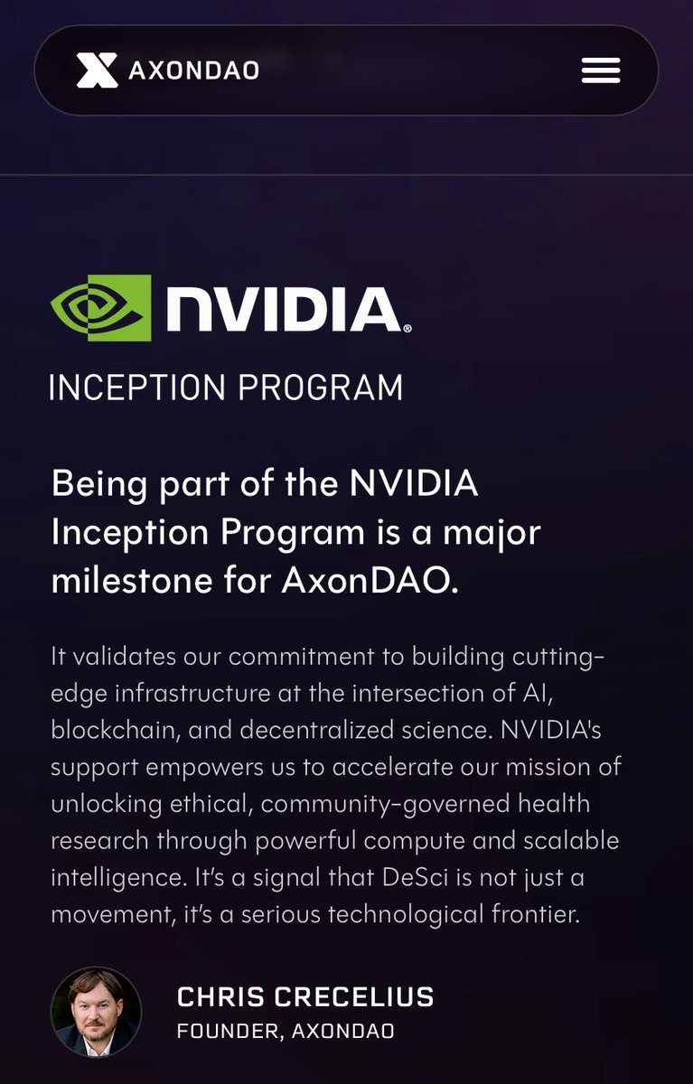 Crypto_Viking33's tweet image. $AXGT @AxonDAO
#CureRing about to go global, #CureOS powering the future of science, and CLU-1 the world’s first decentralized supercomputer already live.
Backed by #NVIDIA Inception.
Deflationary tokenomics!
#AxonDAO is the AWS of #DeSci.
“Health is wealth”