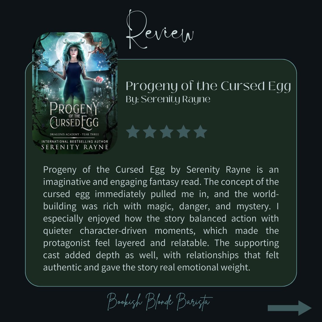 bookishbb's tweet image. ⭐️⭐️⭐️⭐️ review for Progeny of the Cursed Egg by Serenity Rayne!
Unique cursed egg premise ✔️
Layered characters ✔️
Dark, magical world ✔️
A little heavy at times, but overall a compelling fantasy worth reading. #BookReview #Fantasy