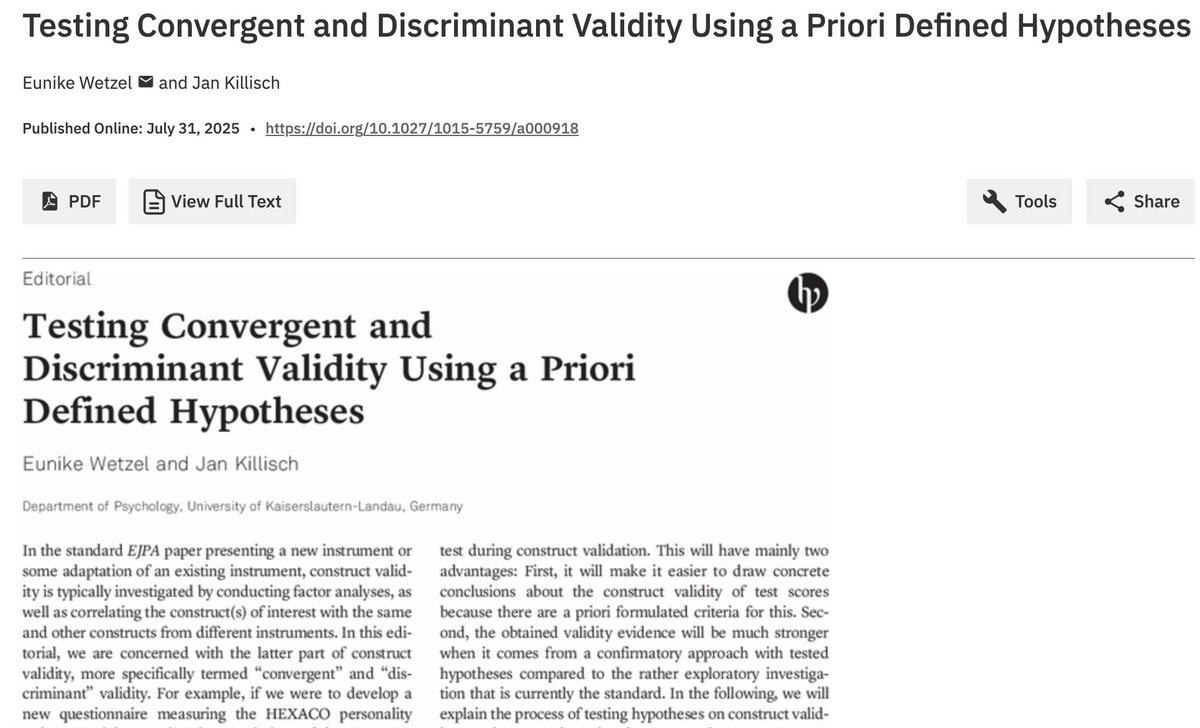 Better construct validity starts with a plan.
Read this editorial by Eunike Wetzel (our Editor-in-Chief) and Jan Killisch on the power of a priori hypotheses. econtent.hogrefe.com/doi/10.1027/10…