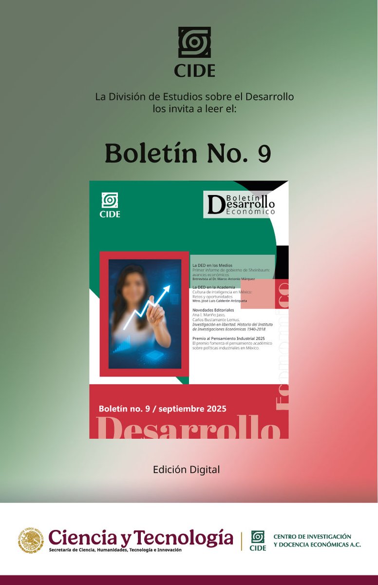 División de Estudios sobre el Desarrollo (@ded_cide) on Twitter photo ⚪️Ya disponible nuevo Boletín No.9
Encontrarán:
Proyectos, ideas y colaboraciones editoriales.
El resumen del proyecto ADA sobre la economía de México y el mundo.
La agenda académica y eventos recientes de la DED
La #dedcide invita a leerlo: goo.su/Wgrvg ⚪️Ya disponible nuevo Boletín No.9
Encontrarán:
Proyectos, ideas y colaboraciones editoriales.
El resumen del proyecto ADA sobre la economía de México y el mundo.
La agenda académica y eventos recientes de la DED
La #dedcide invita a leerlo: goo.su/Wgrvg