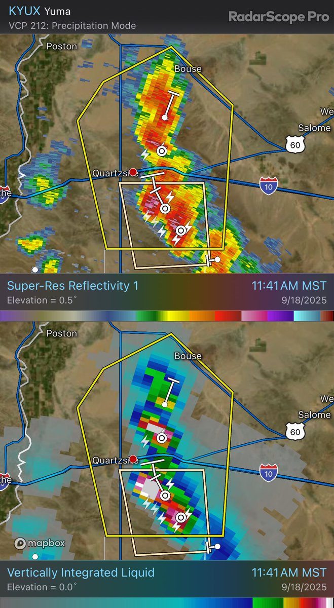 Now severe warned. KYUX - Super-Res Reflectivity 1 11:41 AM Vertically Integrated Liquid 11:41 AM #azwx #cawx