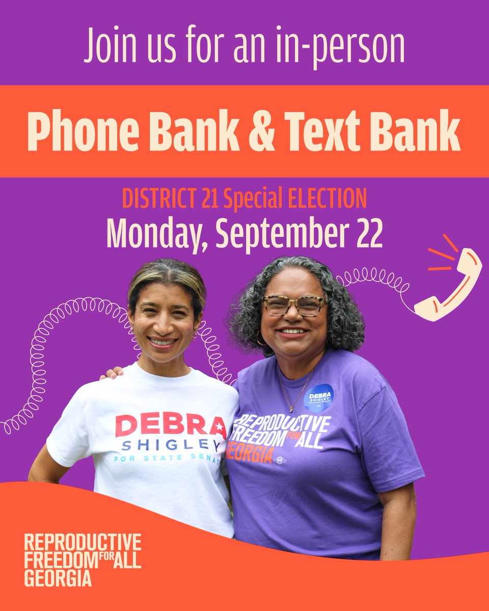 We’re in the FINAL stretch of the District 21 Special Election, and every single call + text could be the difference in sending Debra Shigley to the State Senate!

💬  Join us for our Phone Bank &amp; Text Bank Party on Monday, Sept. 22 at 6 PM 🎉 

RSVP👇 
events.reproductivefreedomforall.org/events/final-c…