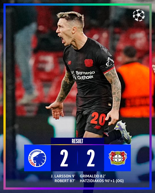A soccer player in a black jersey with number 20, tattoos on arms, celebrating on a field. The jersey has "Bayer" and "04" logos. The background shows a stadium with spectators. Text overlays show a 2-2 score, team logos for Copenhagen and Bayer Leverkusen, and names J. Larsson, Grimaldo, Robert, and Hatzidiakos with time markers.