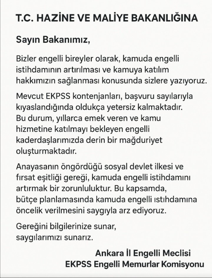 Sayın Bakanımız; atama bekleyen  engelli bireyler olarak, kamu istihdamımızın artırılması için bütçede öncelik verilmesini saygıyla arz ediyoruz. #EKPSSKontenjanArtmalı <a href="/memetsimsek/">Mehmet Simsek</a> <a href="/ilhan_hatipoglu/">Dr. İ. İlhan Hatipoglu</a> <a href="/aerdemcantimur/">Abdullah Erdem Cantimur</a>
<a href="/HMBakanligi/">T.C. Hazine ve Maliye Bakanlığı</a>