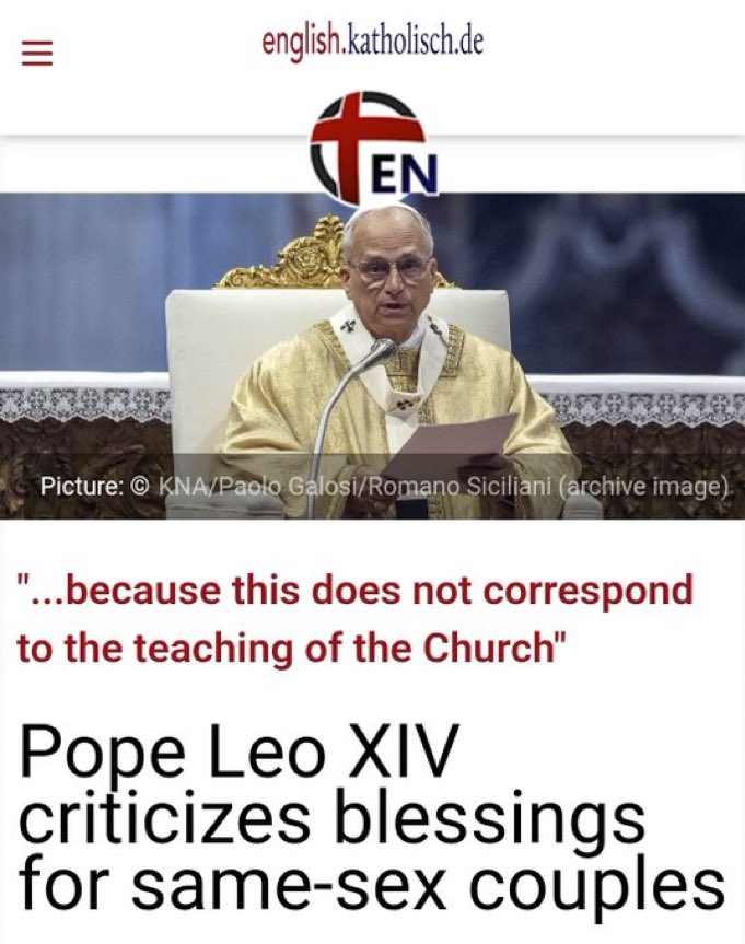 poperespecter1's tweet photo. Breaking: Pope Leo XIV states that blessings being done in Europe for gay couples are against church teaching. https://t.co/z87n3VXe0X