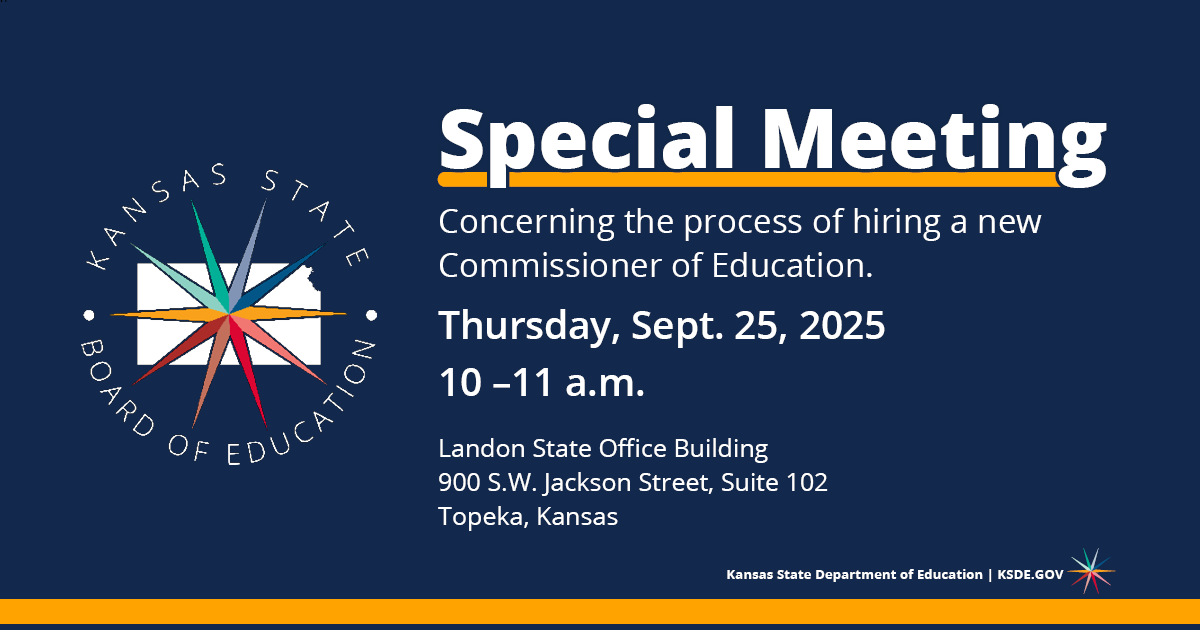 ksdehq's tweet photo. The Kansas State Board of Education is holding a special meeting at 10 a.m. Thursday, Sept. 25, concerning the process of hiring a new Commissioner of Education.

For more information, click here: https://t.co/SwKoqQvN1d https://t.co/7snMA2eduJ