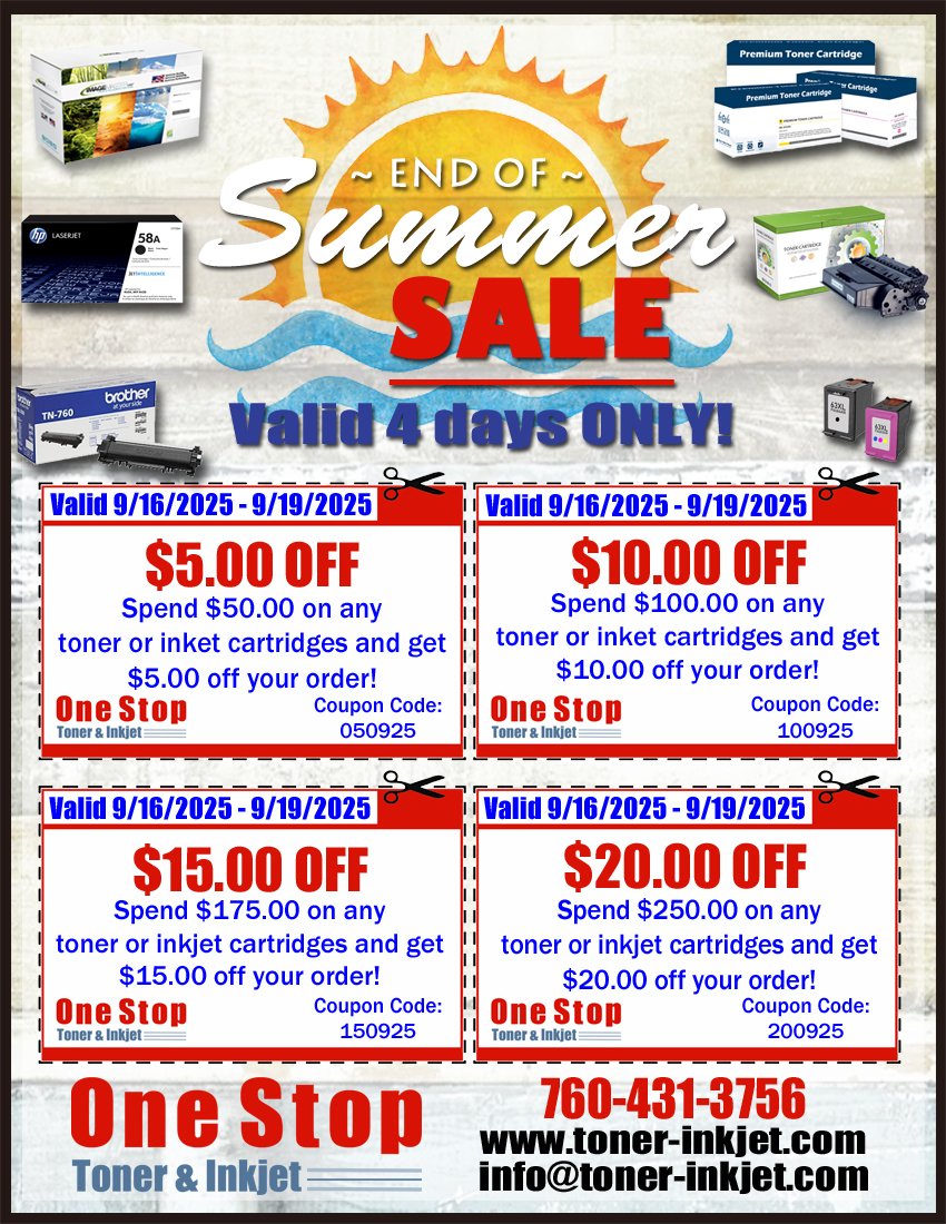 OneStopToner's tweet image. Enjoy our latest End-of-Summer coupons. Please call us at 760-431-3756 or visit toner-inkjet.com