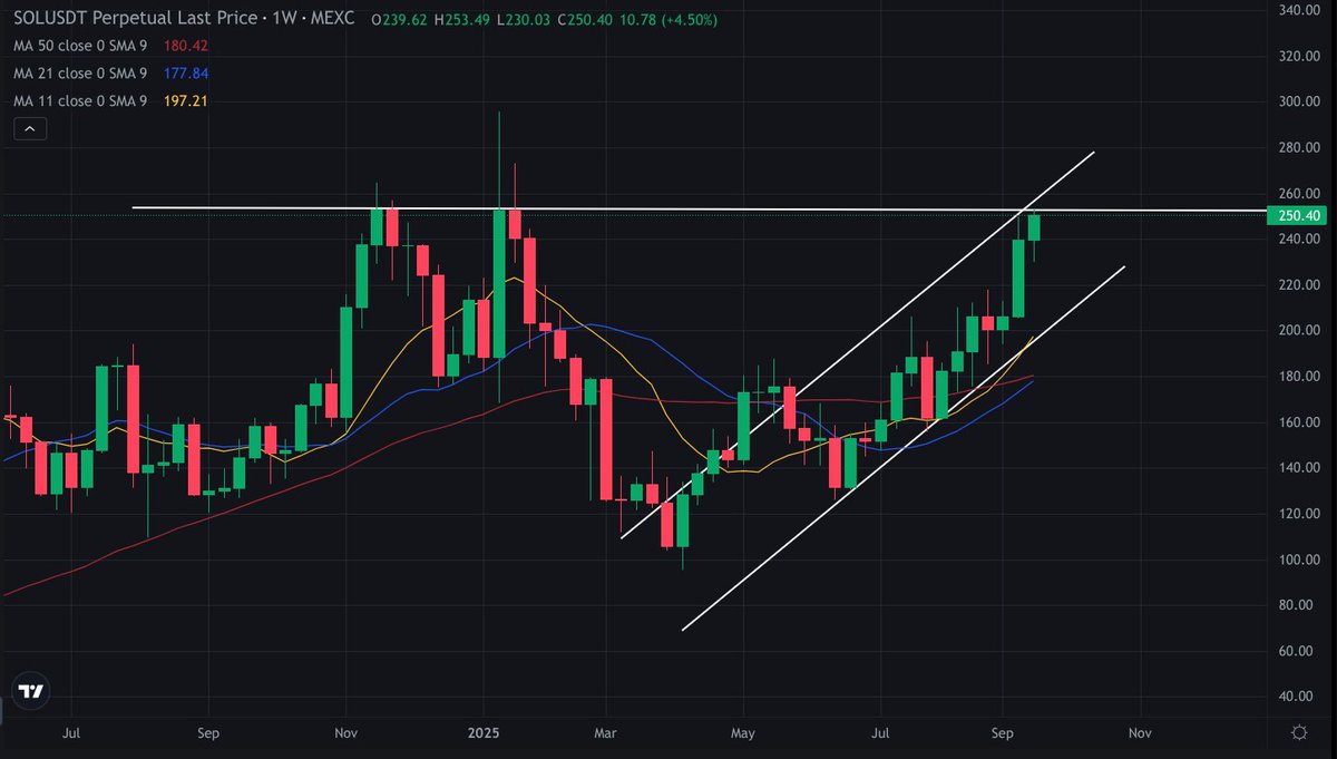 🚨Solana (weekly) On the brink? 🚀
- Retesting upper trendline of ascending channel
- Confluence with long term resistance
- If SOL breaks out by Sunday, we could see a huge move to $300 very quickly... 
#solana