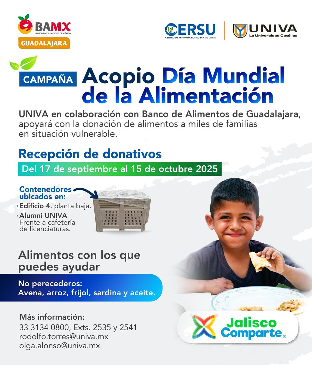 ¡Te invitamos a participar en la Campaña de Acopio para el Día Mundial de la Alimentación! Del 17 de septiembre al 15 de octubre en <a href="/SistemaUNIVA/">UNIVA</a> actividad abierta a comunidad universitaria y ciudadanía en general, en vinculación con <a href="/BDAGDL/">Banco de Alimentos Guadalajara</a>  #ResponsabilidadSocialUNIVA