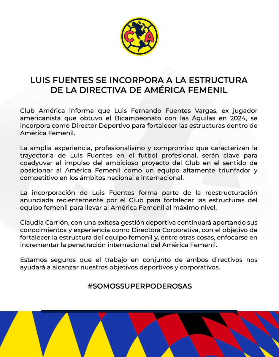 AmericaFemenil's tweet image. Luis Fuentes se incorpora a la estructura de la Directiva de América Femenil. 🦅