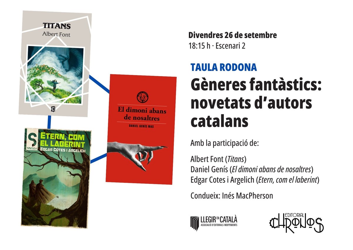 ✅ AGENDA DIV 26

Escenari 2

17:00 🤍 Antoni Bernad i Antoni Llena (Memòries de fum) <a href="/L_Avenc/">L'AVENÇ</a> 

18:15 💚 Gèneres fantàstics: novetats <a href="/Edgar_Cotes/">Edgar Cotes i Argelich</a> <a href="/AlbertFontimar/">Albert Font M</a> <a href="/danielgenis/">Daniel Genís Mas</a> @InesMacPherson <a href="/Chronos_cat/">Editorial Chronos</a> 

19:00 ❤️ <a href="/RicRuizGarzon/">Ricard Ruiz Garzón</a>  Anna Starobínets <a href="/KMadrid_Ribas/">Karen Madrid Ribas</a> <a href="/MaiMesLlibres/">Mai Més</a>