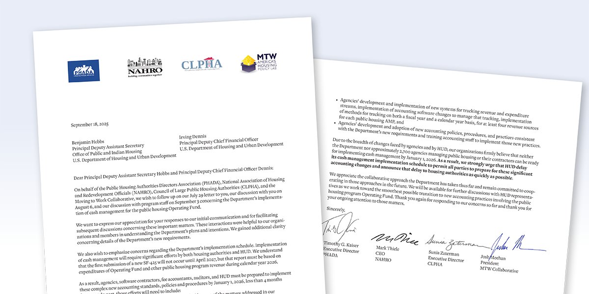 PHADA, other Groups ask <a href="/HUDgov/">Department of Housing and Urban Development</a> to delay flawed cash management plan—neither HUD nor PHAs will be ready to implement the required changes by January 1, 2026. Read the letter at: bit.ly/48oq29X.