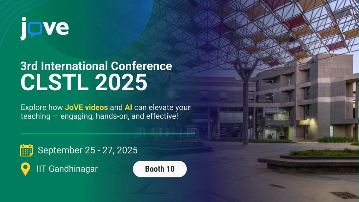 JoVEJournal's tweet image. 🚀 JoVE is excited to join CLSTL 2025 at IIT Gandhinagar (@iitgn)!
Theme: "Enhancing Library Experiences with AI" 🤖📚
📅 Sept. 25–27, 2025 | 📍Booth 10
We look forward to connecting with you!
#JoVE #CLSTL2025 #AIinLibraries #LibraryInnovation #IITGandhinagar