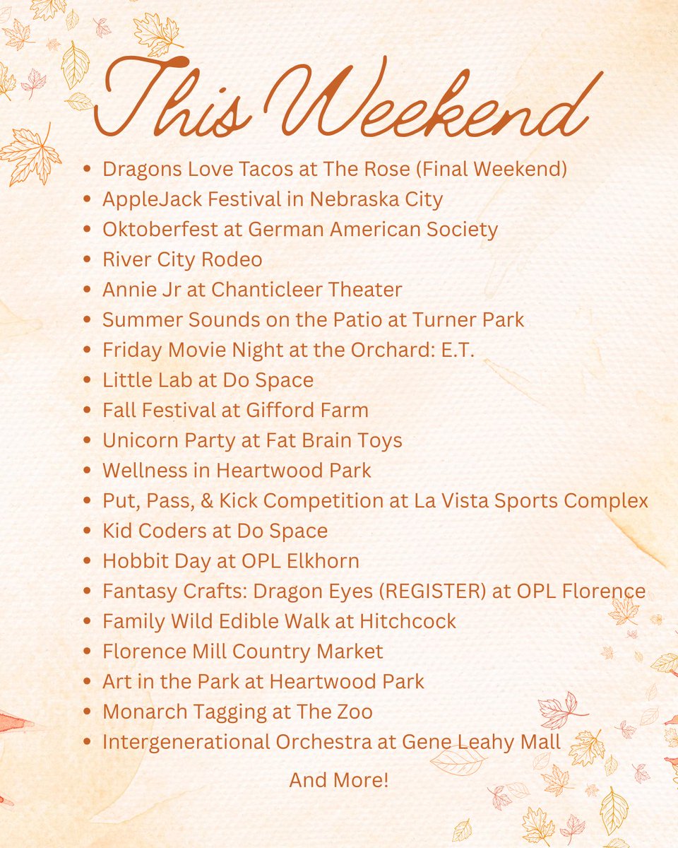 So much to do in Omaha this weekend! From the final shows of Dragons Love Tacos to the AppleJack Festival in Nebraska City. 

Check out all the family-friendly events here: familyfuninomaha.com/events/

#FamilyFunInOmaha #Omaha #OmahaEvents