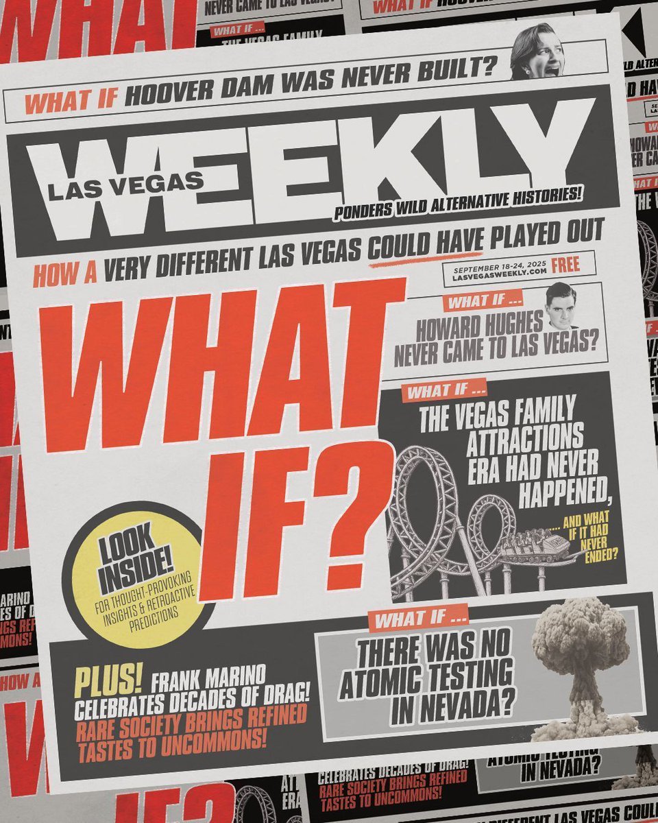 lasvegasweekly's tweet image. On this week's cover: What if? Exploring how a very different Las Vegas could have played out. What if Howard Hughes, Hoover Dam, or the family-friendly era had never arrived to change Sin City? It’s time to go into the Vegas multiverse. bit.ly/4mmKZ8I