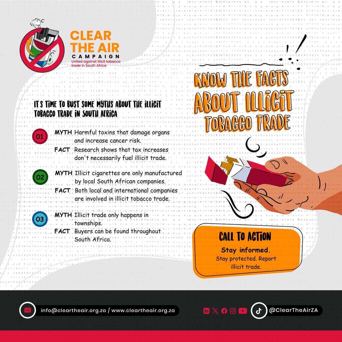 Add your voice to the fight. 
Sign the petition 👉cleartheair.org.za/petition/end-i…

Know the Facts vs. Myths about Illicit Tobacco Trade 🚭

❌ Myth: Illicit cigarettes are harmless.
✅ Fact: They fund organised crime and rob South Africa of vital tax revenue for schools, hospitals, and