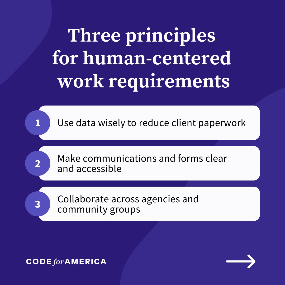 codeforamerica's tweet image. New work requirements under H.R. 1 add layers of complexity to SNAP and Medicaid—but states can meet the moment with humanity.
Use data to ease reporting, make communications clear, and build coalitions across agencies and community groups.
👉Read more: codeforamerica.org/news/three-pri…