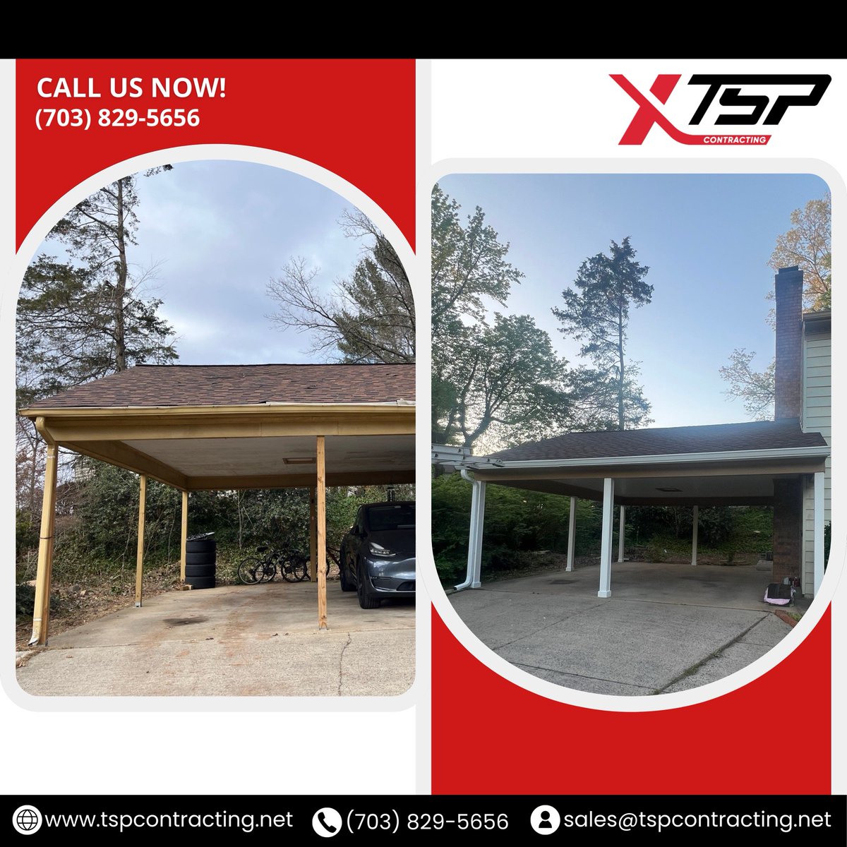 tspremodeling's tweet image. 🚗 Stronger, cleaner, and better looking! Let us upgrade your carport.

📞 Call us today: (703) 829-5656

#CarportRenovation #ExteriorUpgrade #TSPContracting #BeforeAndAfter