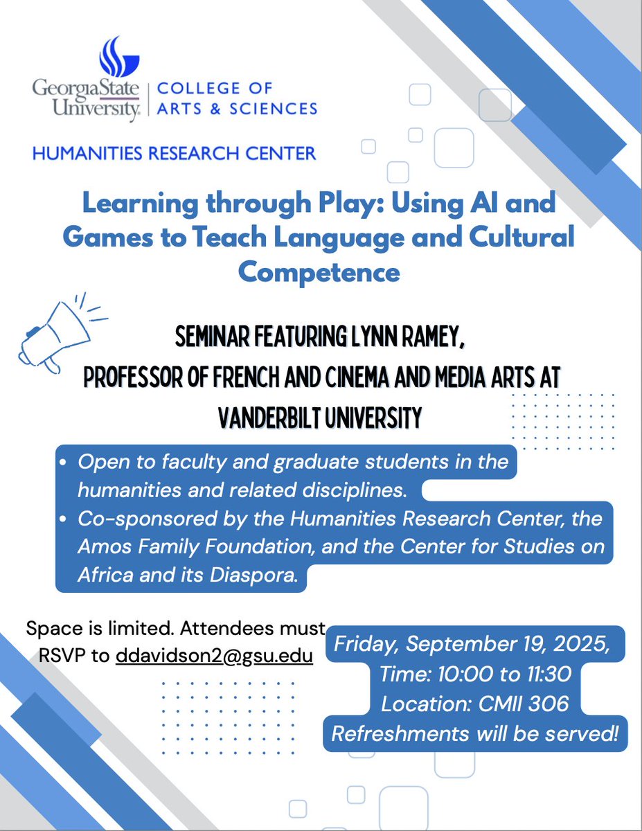 Join Professor Lynn Ramey of Vanderbilt University on September 19th at CMII 306 for “Learning through Play: Using AI and Games to Teach Language and Cultural Competence.” Co-sponsored by CSAD, Humanities Research Center, &amp; the Amos Family Foundation. Limited spacing, RSVP.
