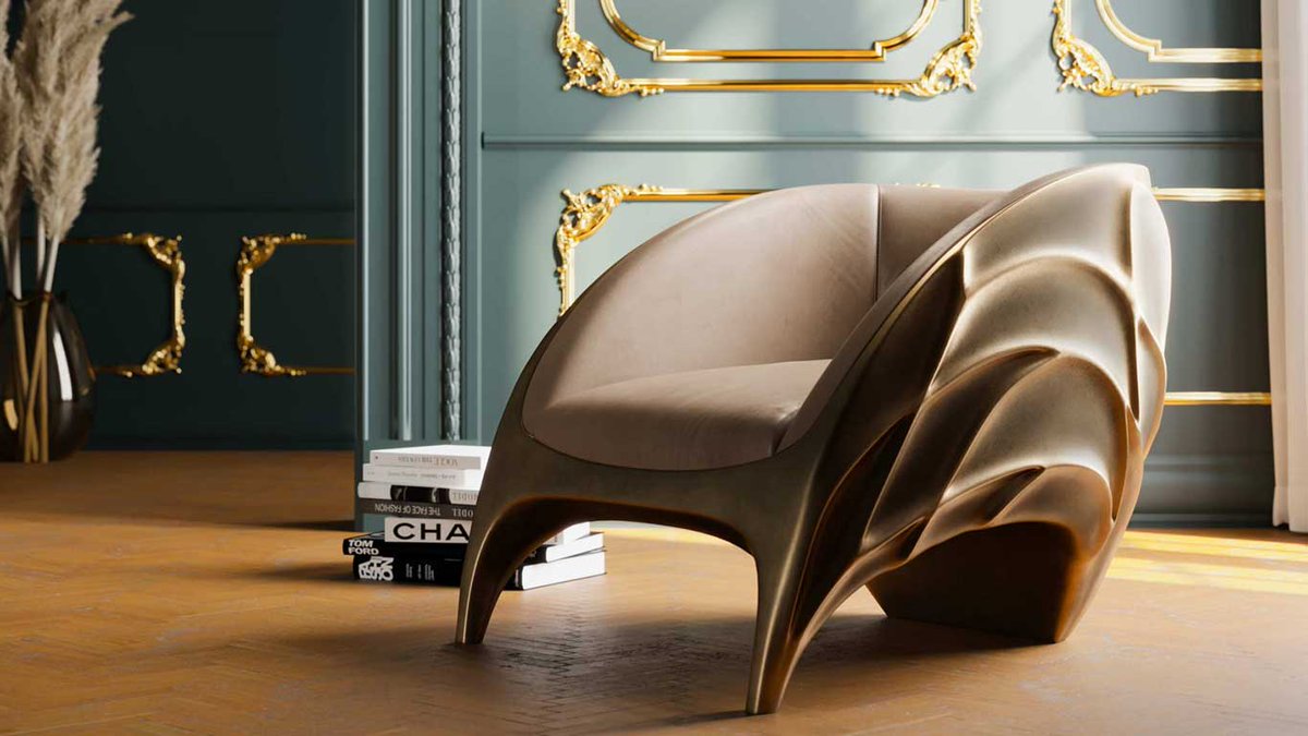 dessaive's tweet image. Beeindruckend: TRITON Sessel des Designers und Bildhauers Albino Miranda von KARPA, handgefertigt aus fiberglasverstärktem Acrylharz in gealterter Goldfarbe und Leder. 83 x 100 cm, H 73 cm. dessaive.de/?s=Triton

#DESSAIVEselected #InteriorDesign #DesignMöbel #HotelInterior