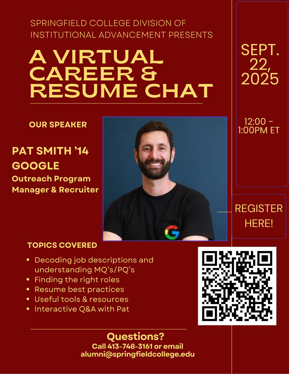 SCAlumniPride's tweet image. Alumni &amp;amp; Students - You are invited to join us for a Virtual Career &amp;amp; Resume Chat with Pat Smith &apos;14, Outreach Program Manager &amp;amp; Recruiter for Google on Monday, September 22, 12 - 1 pm (ET).  Register here to receive the link to this program: advance.springfield.edu/e/virtual-care…