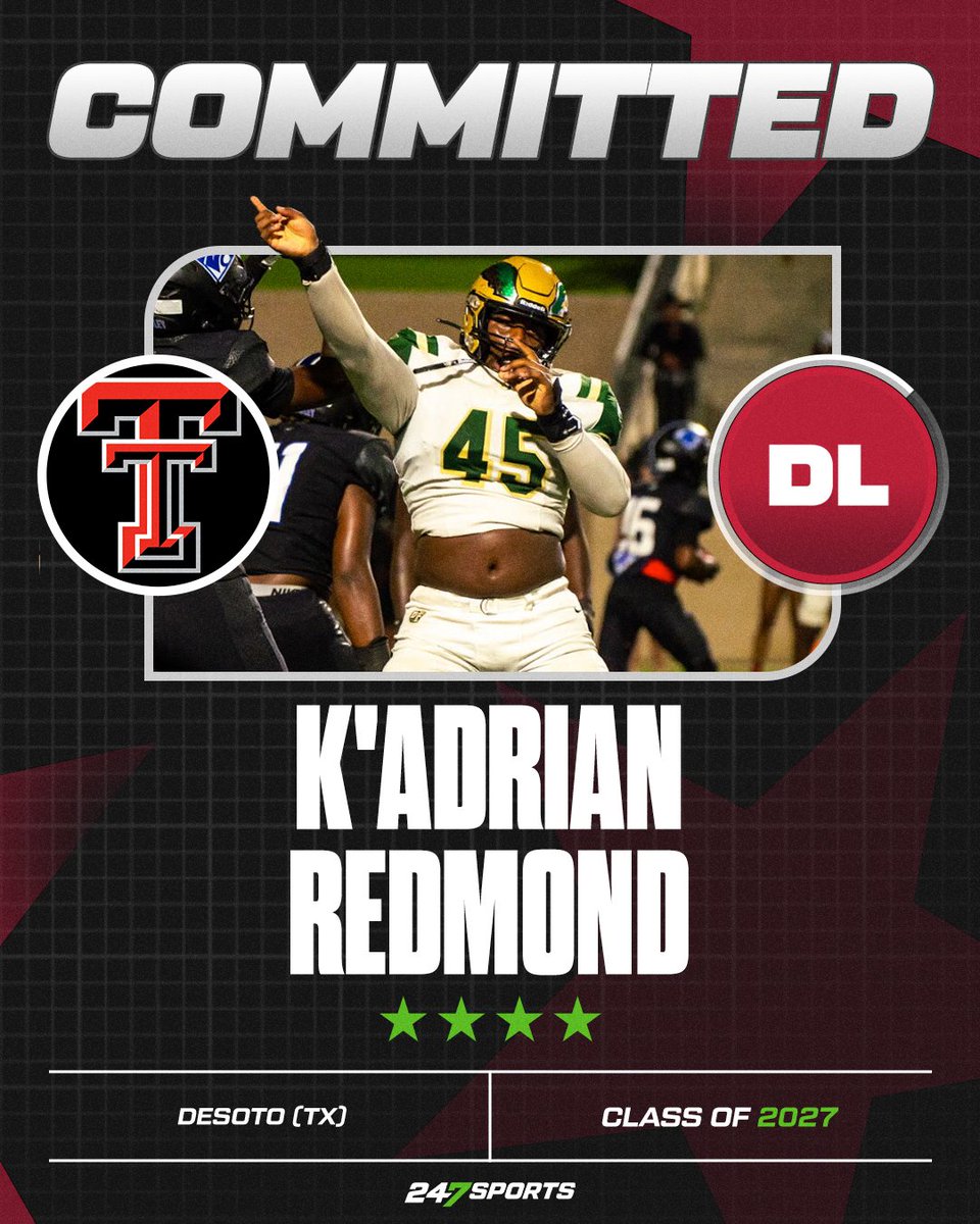 BREAKING: Top247 defensive lineman K'Adrian Redmond, one of the top prospects in the 2027 class, has committed to <a href="/TexasTechFB/">Texas Tech Football</a>.

“It’s completely over. I’m with Texas Tech 100%."

VIP Story: 247sports.com/article/top247… <a href="/CoachZFitch/">Zarnell Fitch</a>

——— <a href="/RedmondKD/">K'Adrian “Big Juicy” Redmond</a> ———

<a href="/247Sports/">247Sports</a> / <a href="/CBSSportsCFB/">CBS Sports College Football 🏈</a>