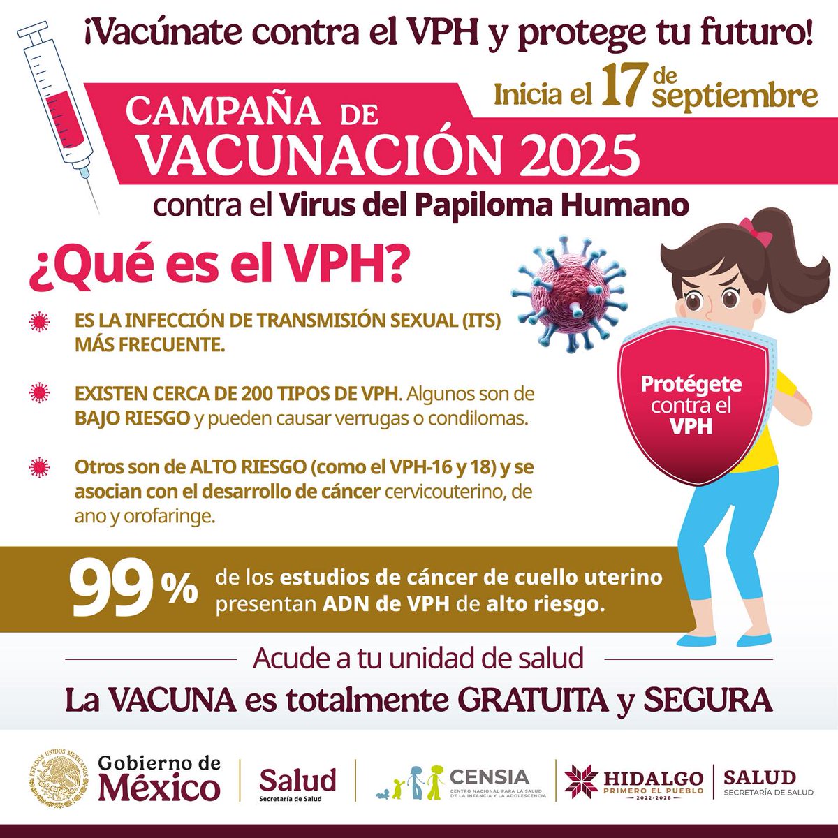 juliomenchaca_'s tweet image. Proteger la salud de las infancias es garantizarles un mejor futuro. 👧🏻👦🏻💉
📅 Ya dio inicio la Campaña Nacional de Vacunación contra el VPH, dirigida a niñas y niños de 11 años. ¡La vacuna es gratuita y segura!
@Salud_Hidalgo
#PrimeroElPueblo
#PrimeroTuSalud