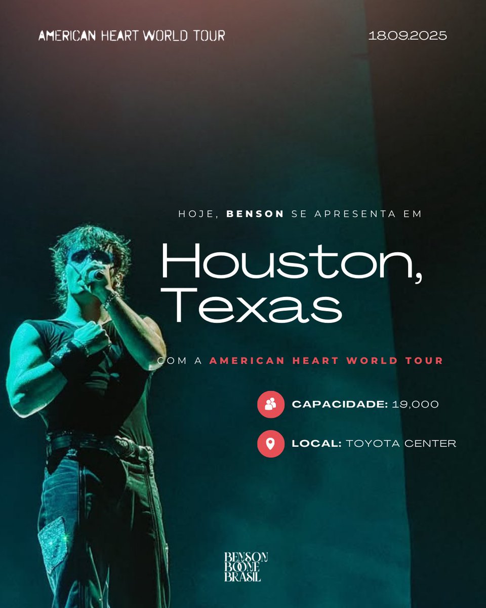 A #AmericanHeartWorldTour de Benson Boone chega hoje a Houston, no Texas. 🤠🎤