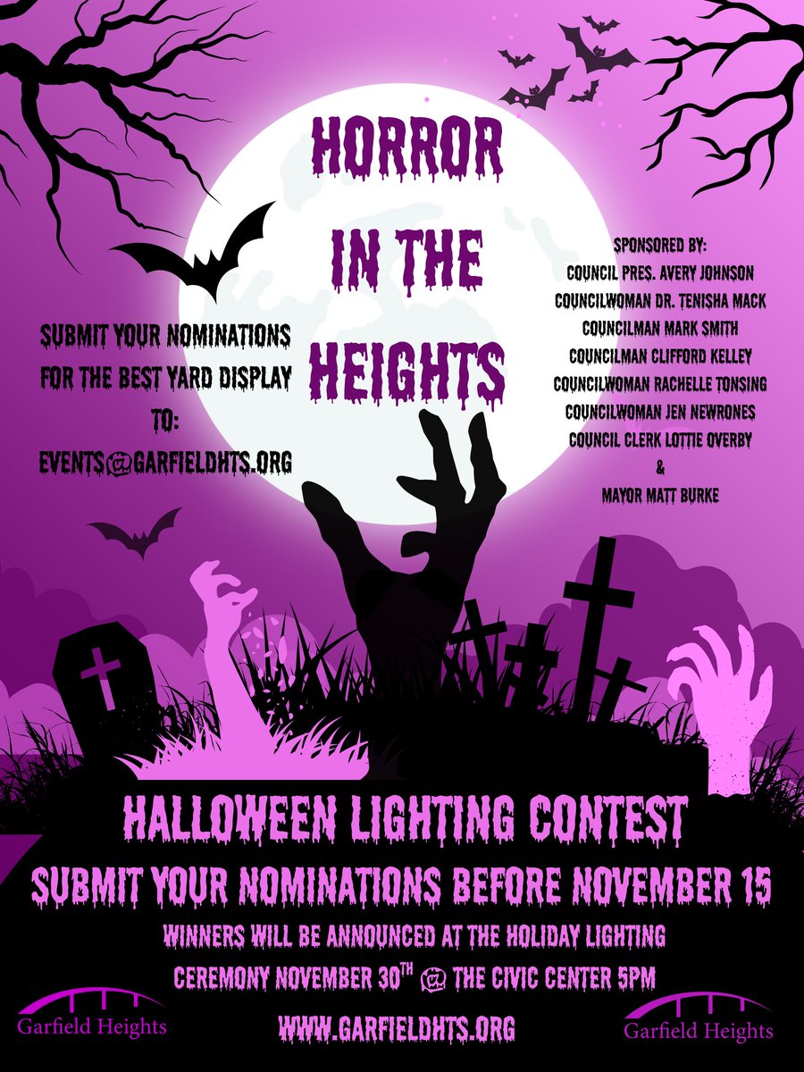 Horror in the Heights! 
Nominate your favorite haunted Halloween display by emailing the address to events@garfieldhts.org
TODAY! 
📷 PRIZES:
📷 1st Place – $100
📷 2nd Place – $75
📷 3rd Place – $50
📷 7 Ward Winners – $25 gift cards each!
Let’s see who’s got the BOO-tiful YARD!