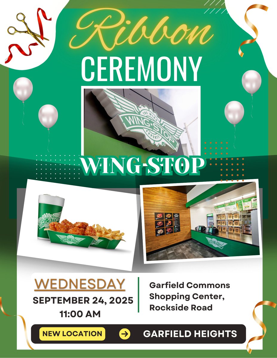 🎀✂️ Ribbon Cutting Ceremony Alert! 
Join us as we celebrate the Grand Opening of Wingstop at Garfield Commons Shopping Plaza! 
📅 Wednesday, September 24
🕚 11:00 AM
📍 Garfield Commons Shopping Plaza
This event is open to the public, so bring your friends, family, and appetite