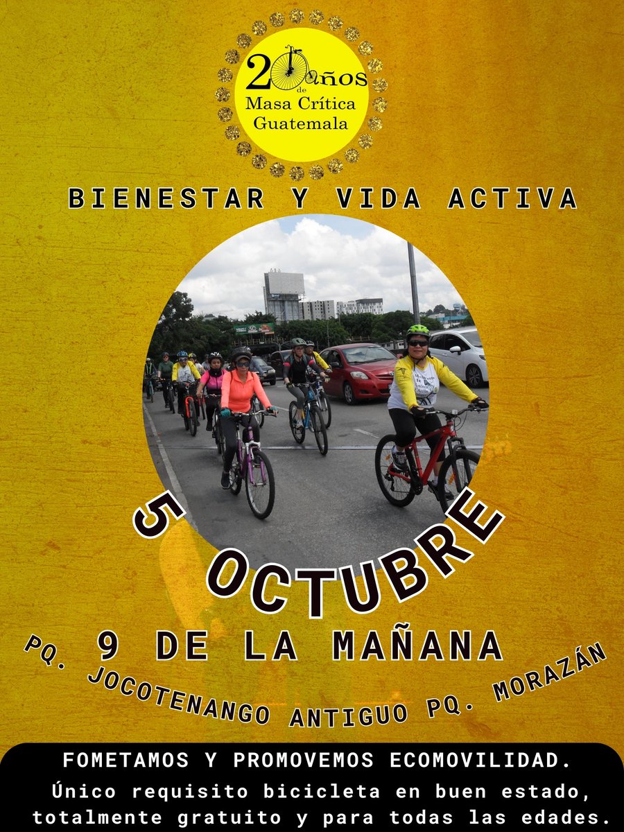 <a href="/masacriticaguat/">MASA CRITICA GUATEMALA</a>   te invita a su siguiente recorrido en bicicleta de bienestar y vida activa.
El domingo 5 de octubre a las 9 de la mañana en el Parque Jocotenango antiguo Parque Morazán.
El único requisito bicicleta en buen estado, es totalmente gratuito y para todos.