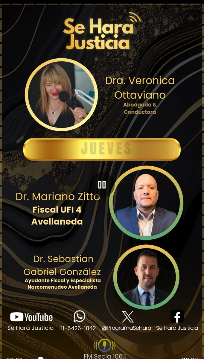 Bienvenidas y bienvenidos a un nuevo "Se hará justicia ⚖️" junto a la Dra. Verónica Ottaviaviano.
Hoy junto al Dr. Mariano Zitto Fiscal de la UFI 4 de Avellaneda y al Dr. Sebastian Gonzales, especialista ay. fiscal sobre narcomenudeo. 
Escuchanos desde FmSecla.com.ar